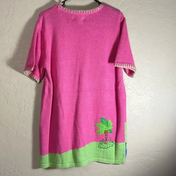 Quacker Factory pink flamingo short-sleeve ramie/cotton blend sweater NWT. - Picture 6 of 8